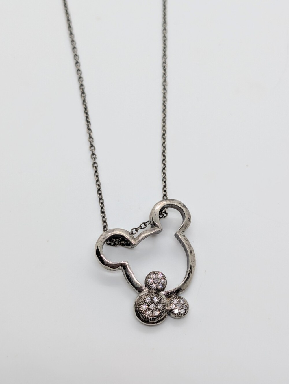Sterling Silver Double Mouse Head Pendant Necklace with Rhinestone Accents